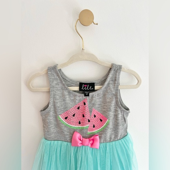 Lilt Gray and Mint Sleeveless Tutu Dress w/ Watermelon & Bow Design | Girls 2T - Picture 6 of 7